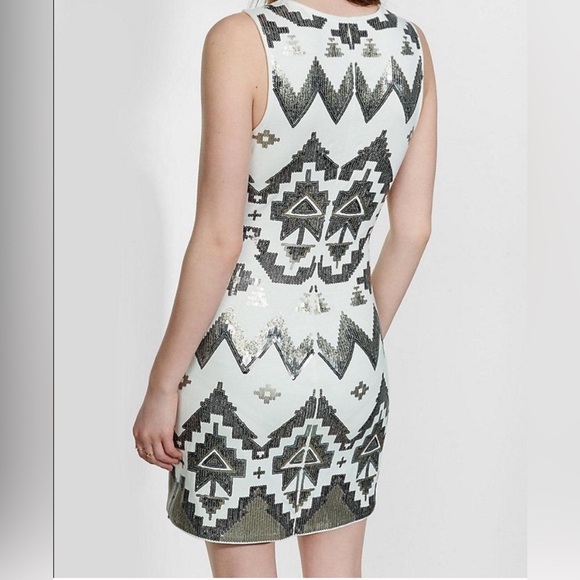 NEW Express Size M Cream Brown Sequin Aztec Print Sleeveless Shift Mini Dress - Picture 3 of 9